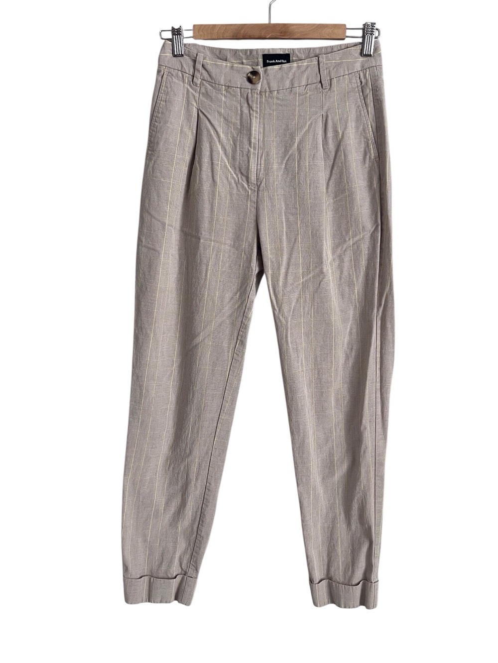 Frank and Oak Tan Plaid Trouser Pant Pleated Straight Leg Career Neutral Size 4